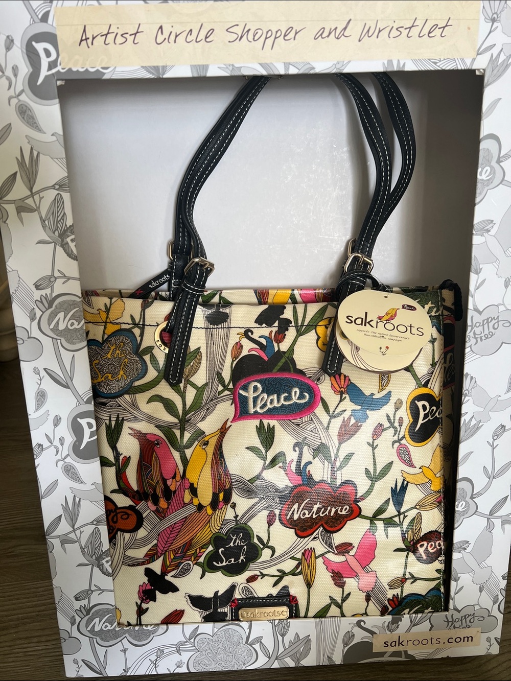 Sakroots Cream Floral & Bird Artist Circle Tote with Black Handles